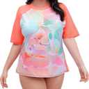 Halcurt Women's Plus Size Short Sleeve Rash Guard Swimsuit Top with Built in Bra Swim Shirt UPF50+ Bathing Suit (1X) Pink Rose Floral/Built in Bra