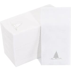 Nervure 50 Pack Christmas Silver Paper Napkins - Cloth Like Disposable Napkin - Line Fell Dinner Napkins - Silver Christmas Tree Heavy Duty Hand Towels for Xmax & Party