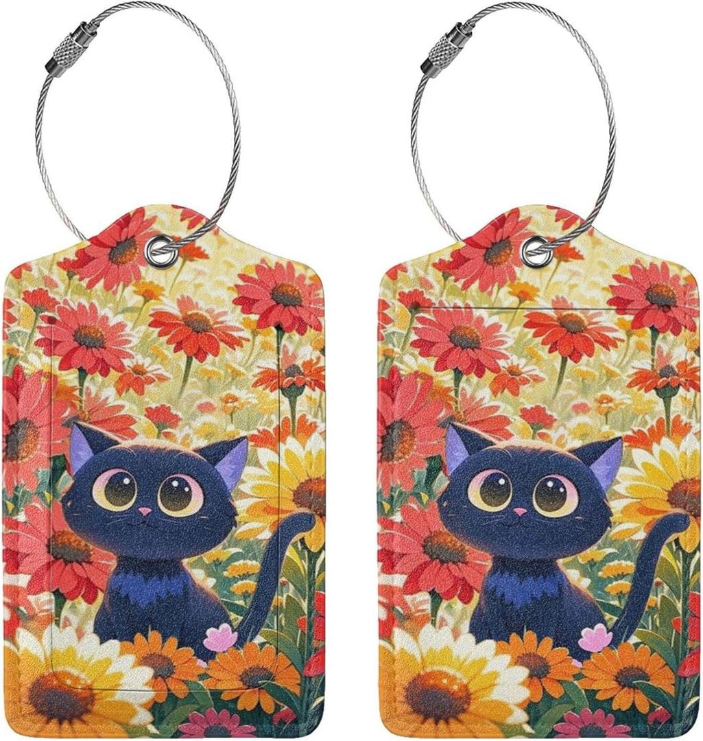4 x Luggage Tags for Suitcases Funny Leather Carnival Cruise Luggage Tags Cute Travel Name Tags for Cruise Ships Travel Essentials 2 Pack (Flower and Cat)