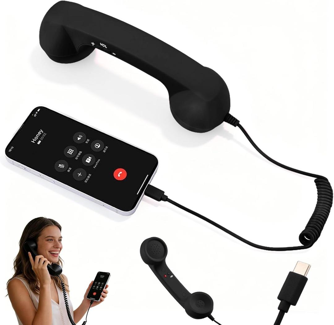 Retro Phone Handset,2026 New Retro Style Type-C Phone Handsets,Cell Phone Receiver with Microphone & Speaker,Type-C Retro Telephone Wired Handset for Mobile Phones,Vintage Landline for iPhone(Black)