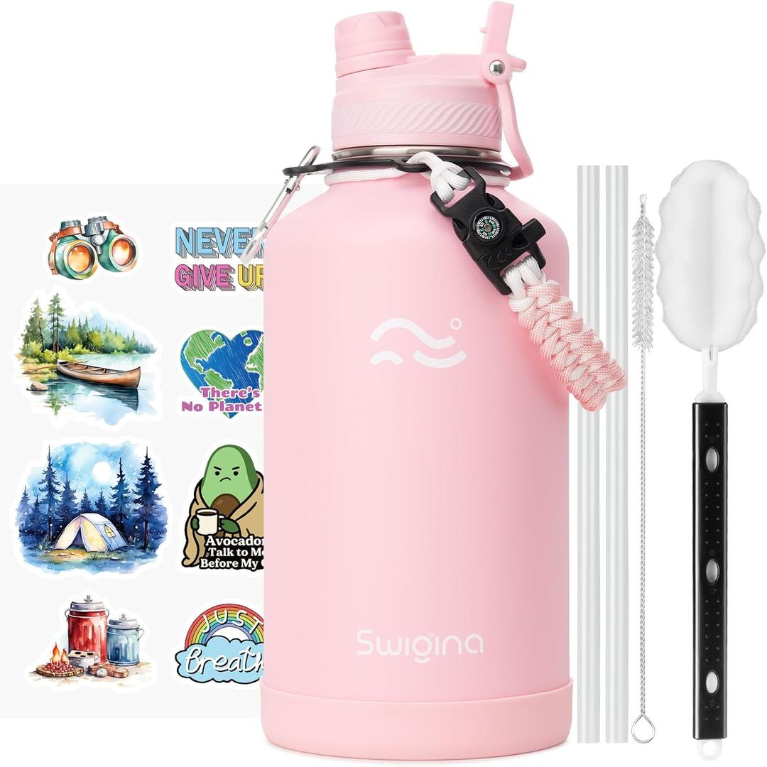 Swigina [2-IN-1 LID] 64 oz Insulated Water Bottle with Silicone Boot (48hrs Cold/24hrs Hot) - DIY Stickers, Leakproof, BPA Free, Half Gallon