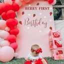 Berry First Birthday Backdrop Wall Sticker, Pink Strawberry Theme Party Decoration with Balloon Arch Sticker, Baby Girls Photo Background Decorate