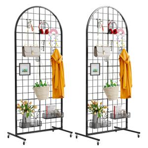 Grid Wall Panel 2PCS Display Stand 2' x 5.2' FT Black Gird Wall Panels Movable Retail Display Racks Floorstanding Grid Wall Heavy Duty with Wheel for Art Craft Photo Display Fair Trade Show