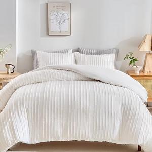 WARMDERN White Boho Duvet Cover Set Queen Size, Striped Textured Tufted Bedding Set, 3 Pcs Ultra Soft Washed Microfiber with Zipper Closure (Queen, White)