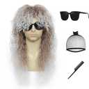 Men's 80s Rocker Mullet Wig, Long Curly Fluffy Synthetic Hair Wig, Retro Heavy Metal Rockstar Wig for Halloween, Cosplay, 80s Theme Party, Disco Punk Costume (Brown with White)