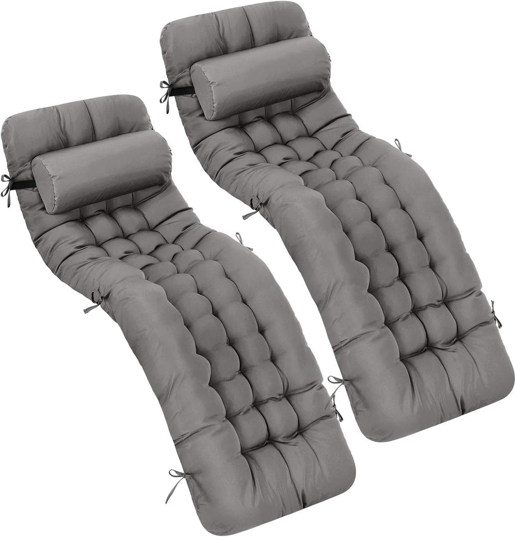 Tudomro 2 Pcs Dark Gray 66'' Outdoor Chaise Lounge Cushion Waterproof Patio Lawn Pool Chaise Lounge Cushion with Headrest Pillow & Ties Weather Fade Resistant Replacement Longue Chair Pad