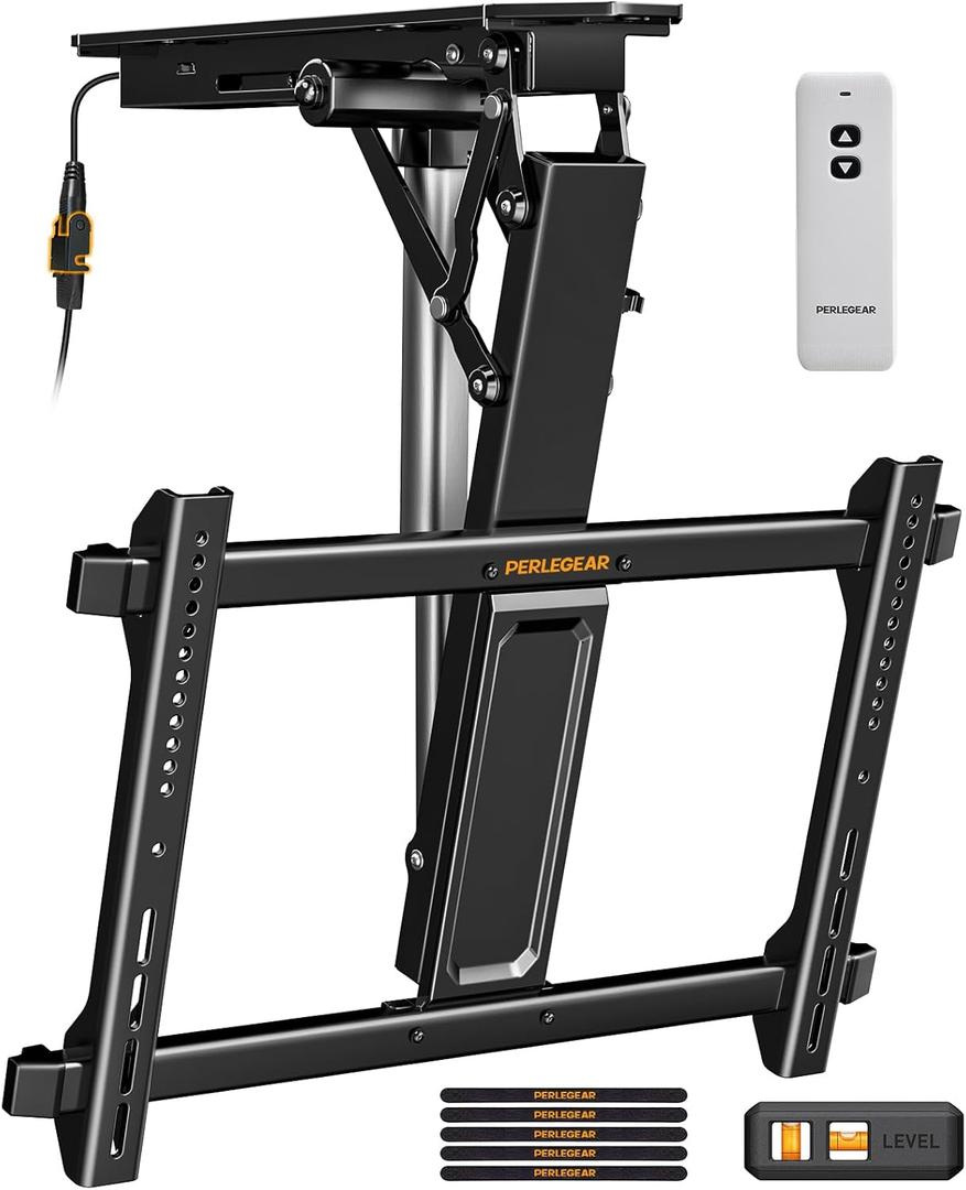 Perlegear Electric Ceiling TV Mount with Remote for 32-70 inch Flat and Curved Screen TVs, Motorized TV Ceiling Mount Flip Down for Flat Roof, Drop Down Ceiling Mount (BLACK)