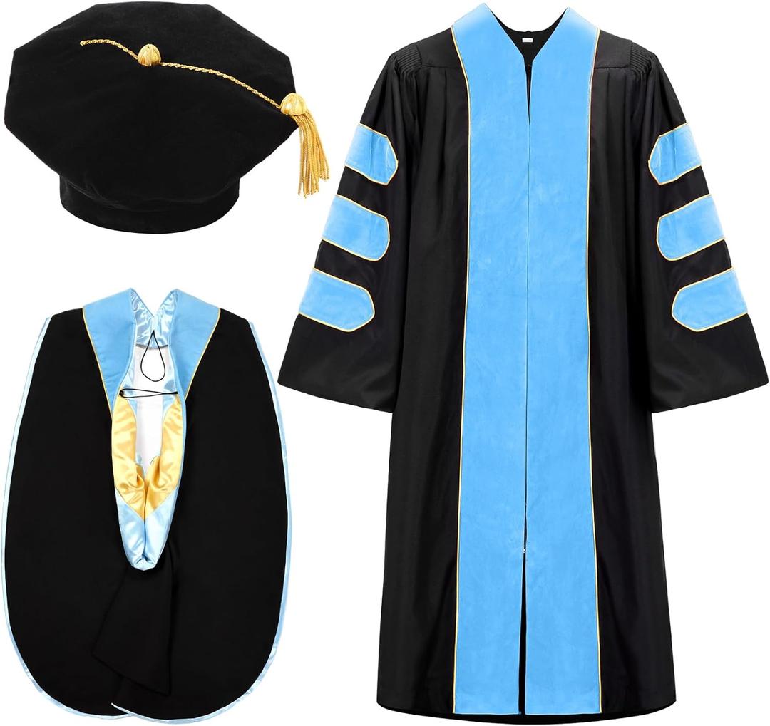 Wesiti Unisex Deluxe Doctoral Graduation Gown with Hood Side Tam Academic Faculty Regalia Robe (Size 51, Sky Blue)