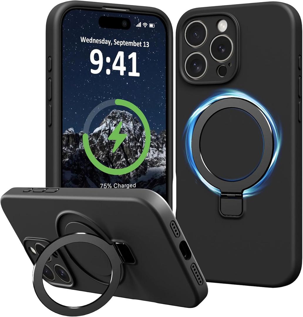 Compatible with iPhone 16 Pro Max Case Stand, Slim Liquid Silicone Phone Cases Fit for iPhone 16 Pro Max Compatible with MagSafe Magnetic Ring Kickstand Case Full Camera Protection, Black