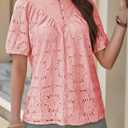 Summer Womens Tops Floral Lace Embroidered Blouses Ruffled Stand Collar Shirts Casual Short Sleeve Clothes Trendy (M)