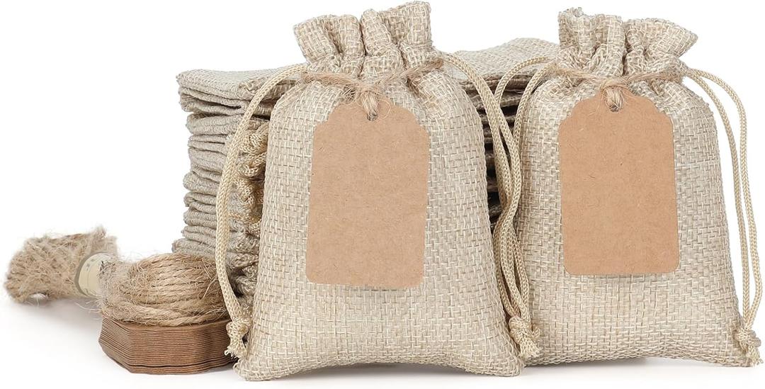 Tapleap Burlap Bags with Drawstring, 3x4 Inches Burlap Favor Sack (Lot of 50) for Wrapping Favors or Gifts, Birthday, Wedding, Party or Household Use