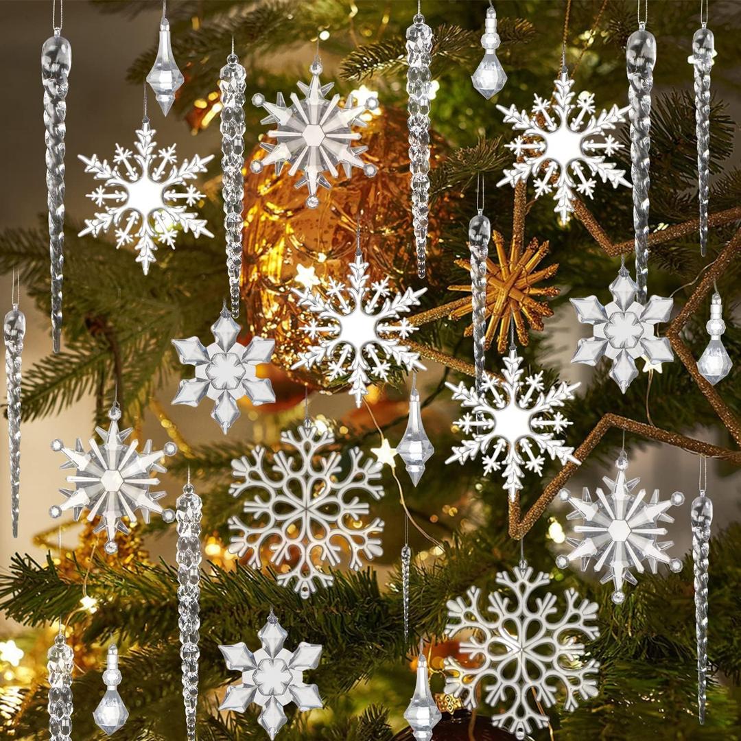 CCINEE 85PCS Clear Acrylic Christmas Snowflake Icicles Hanging Drop Ornaments with 32.8 Yards Silver Cords Xmas Snowflake Icicle Decorations Set for Christmas Tree Decorations New Year Party Favors