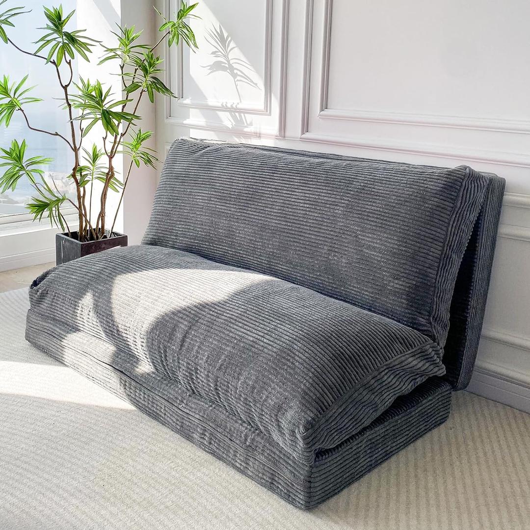 MAXYOYO Bean Bag Bed Folding Sofa Bed Floor Mattress for Adults, Extra Thick and Long Floor Sofa with Corded Washable Cover, Dark Grey, 54x95 Inch (Full 54x95 Inch, Dark Grey)