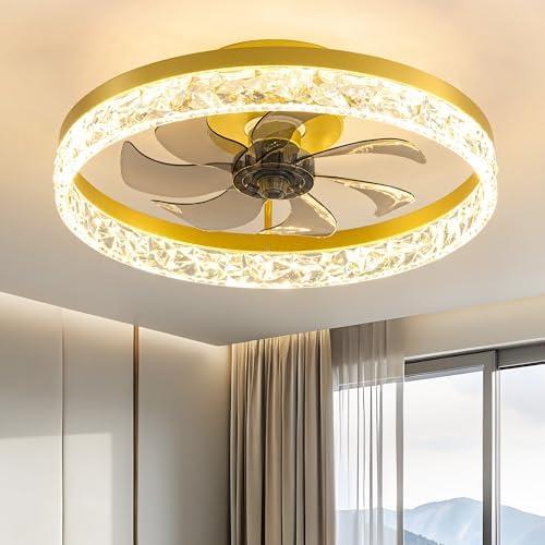 KDG 19.7" Low Profile LED Ceiling Fans with Light, Reversible Flush Mount with Remote and 6 Winds Speeds Fan Lighting, 3 Colors Dimmable for Bedroom, Living Room, Kids, Dinning Room, Kitchen (Gold)