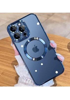 Blue Magnetic Glossy iPhone 15 Pro Case with Full Camera & Screen Protector
