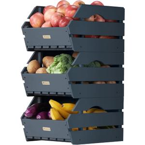 Wood Potato Onion Storage Bins - Wooden Stackable Produce Basket - Fruit Vegetable Storage for Kitchen Pantry Organization, Set 3 Pieces