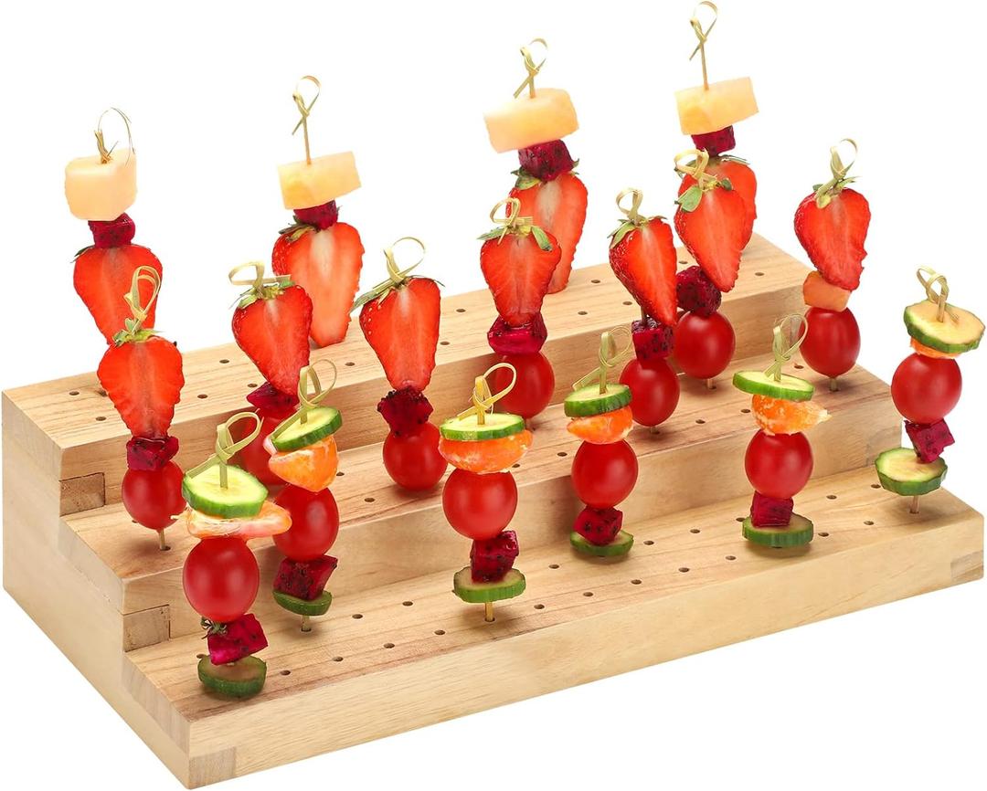 Food Skewer Holder Wooden Pick Stand Catering Supplies Buffet Display Board with Holes Rectangular Appetizer Skewers Tray Multi Level Food Display Stands for Party Cocktail Pick Stand (3 Tier)