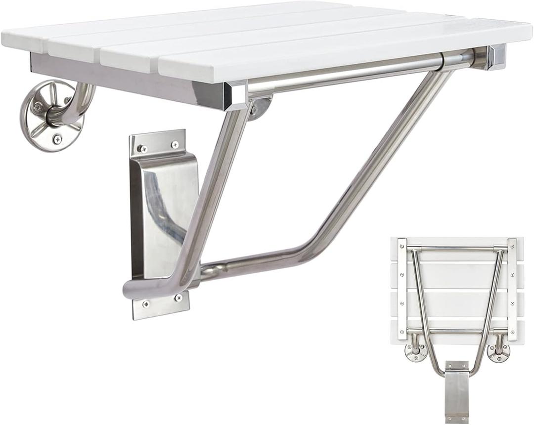 Folding Shower Seat and Bench Wall Mounted, Shower Chair Foldable, Shower Stool Collapsible for Inside Shower Bathroom Bathtub Small Space, 350lb Capacity, Plastic Wood (White)