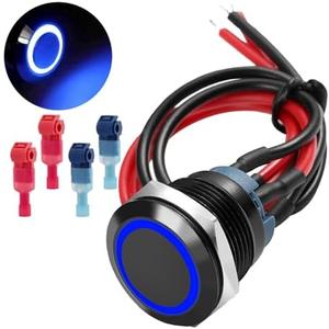 P PADDYFIELD 220V/110V/24V/12V 19mm Metal Button Switch with Wiring Harness and LED Indicator Light, Suitable for Emergency scenarios Such as Ships, Cars, Trucks, etc (1, Black Button - Blue Light)