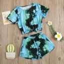Girls Summer Tie-Dye Outfits Elastic Drawstring T-Shirt Crop Top and Elastic Waist Shorts Set with Side Pockets