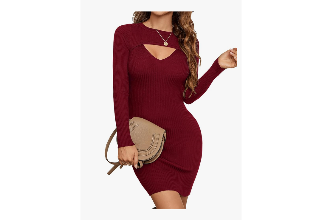 Blooming Jelly Womens Long Sleeve Sweater Dress Sexy Cut Out Bodycon Mini Fall Dress Trendy Ribbed Ladies Winter Sweater L