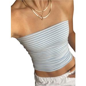 Women's Striped Print Tube Tops Strapless Fitted Tank Tops Y2k Going Out Tops (Blue and White), Size S