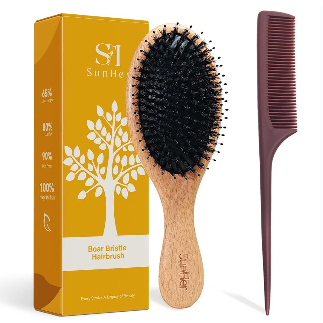 Boar Bristle Hair Brush - Boar and Nylon Bristle Brush for Women Men Kids Smoothing Detangling - Wooden Hairbrush with Plastic Tail Comb for Long Thick Curly Hair (Brown)