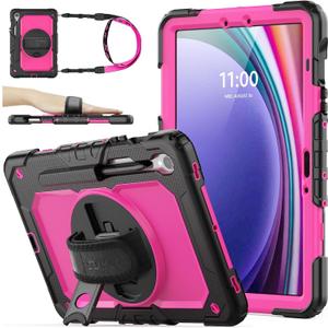 SEYMAC stock Case for Samsung Galaxy Tab S10 Lite / S10 FE / S9 FE 5G / S9 Tablet Case 10.9''/ 11'' Protective with Screen Protector, Pen Holder, 360 Rotate Stand, Hand Strap, Shoulder Strap, Pink