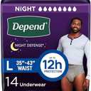 Depend Night Defense Adult Diapers, Incontinence Underwear for Men, Disposable, Overnight, Large, Grey, 14 Count, Packaging May Vary L/G