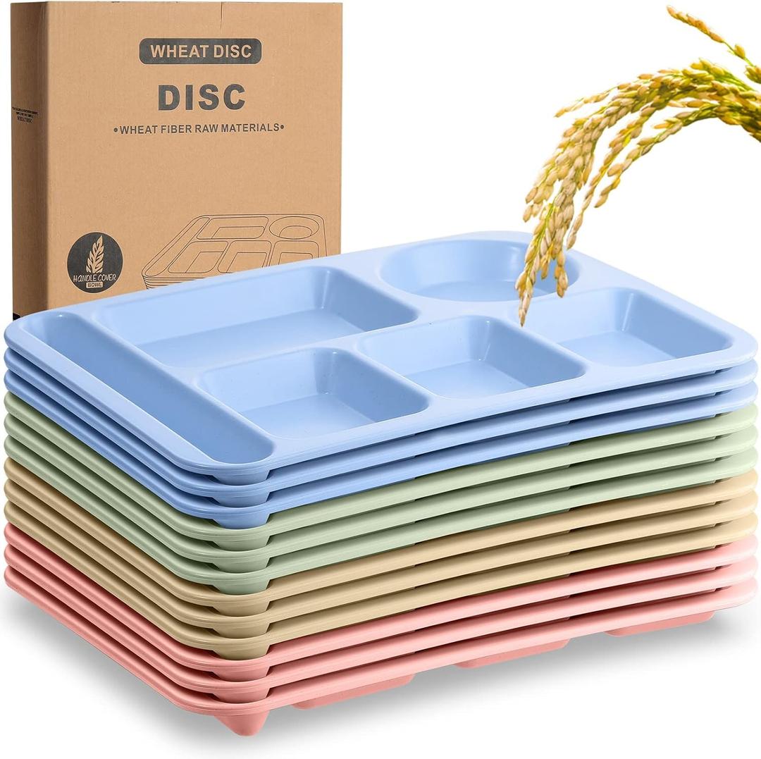 Pinkunn 12 Pcs 14'' Large Divided Plates Unbreakable Wheat Straw Lunch Trays 6 Compartments Cafeteria Trays Microwave Dishwasher Safe Food Separator Plates (Beige, Blue, Green, Pink)