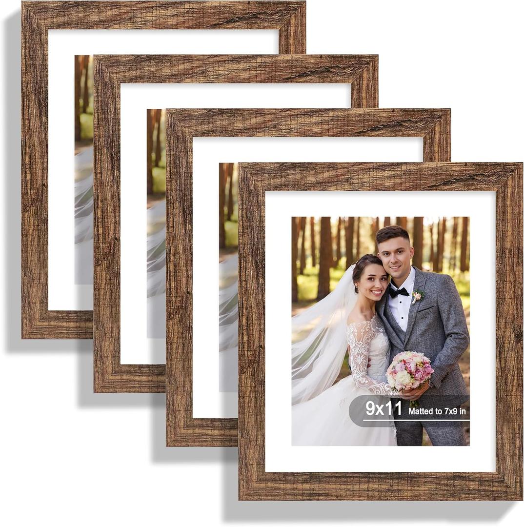 9x11 Picture Frame Set of 4, Made of Real Glass and Rustic Brown Frame - Display Picture 7x9 with Mat or 9x11 Without Mat, 9 by 11 Photo for Wall or Tabletop