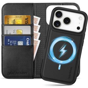 SHIELDON 2-in-1 Wallet Case for iPhone 17 Pro 6.3-inch 2025 | Genuine Leather, Detachable, Wireless Charging, Folio Magnetic, Kickstand, RFID Blocking Credit Card Holder, Shockproof Cover - Black