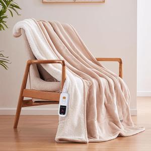 Sealy Electric Blanket Throw Size 50"*60",Super Cozy Flannel to Sherpa Reversible Heated Blanket Throw with 6 Heating Levels & 210 Hours Auto Off Overheating Protection Machine Washable, Beige