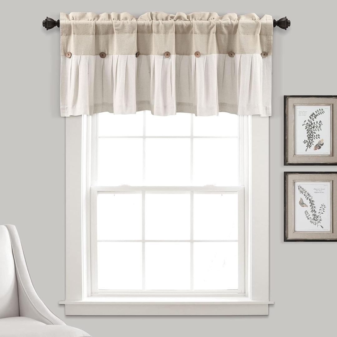Lush Decor Linen Button Farmhouse Valance Curtians 84"W x 18"L Linen - Linen Valances For Windows - Kitchen Curtains Valances - Bathroom Curtain