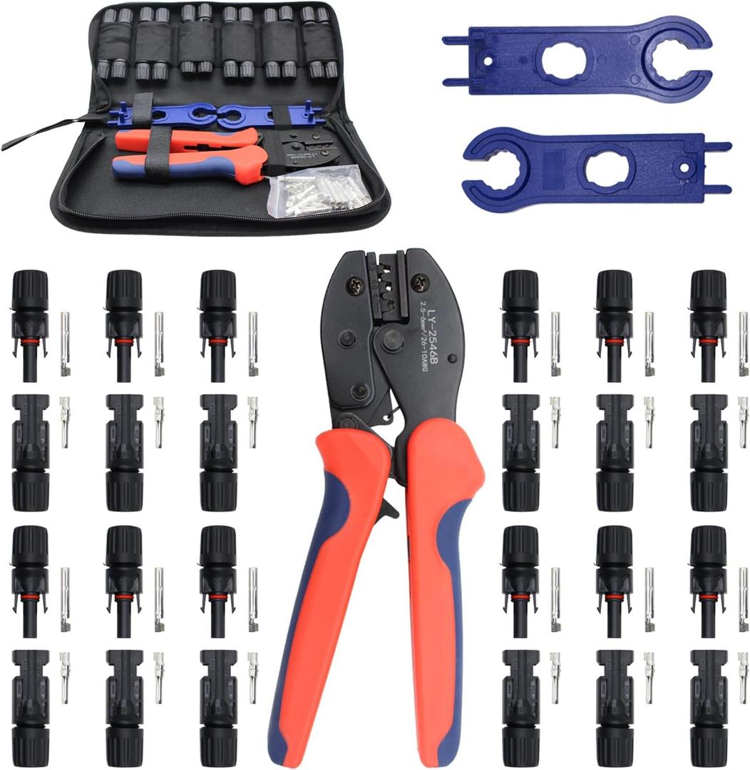 MC-4 Connector kit Solar Cable Connector kit 12 Pairs of Solar connectors and 2 Spanner Wrenches Along with a Wire Crimper Photovoltaic System Connector kit