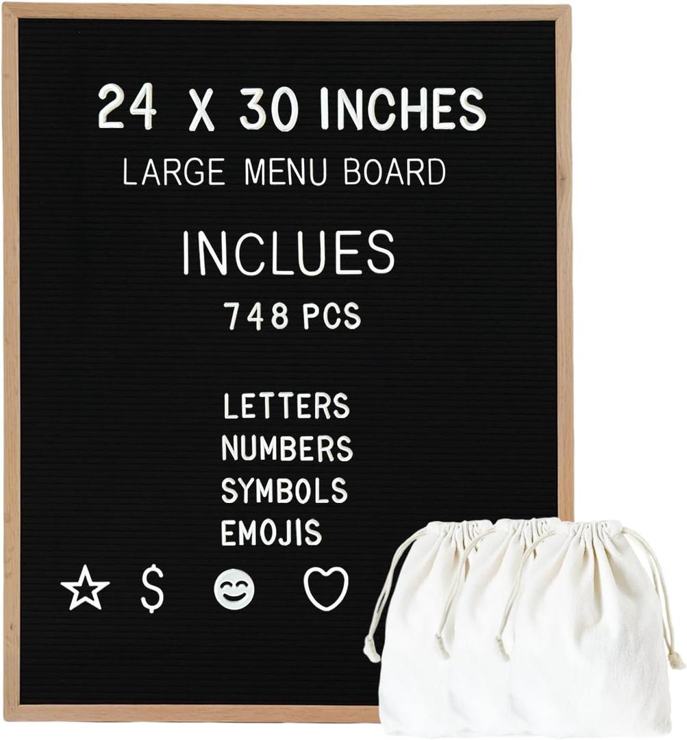 Large Felt Letter Board 24x30 Inch with 748 letters, Menu Board Letter, Felt Board Message Board, Changeable Letter Board Black Letter Board Sign Restaurant, Office, Barnwood Frame Letterboard (Light Oak)