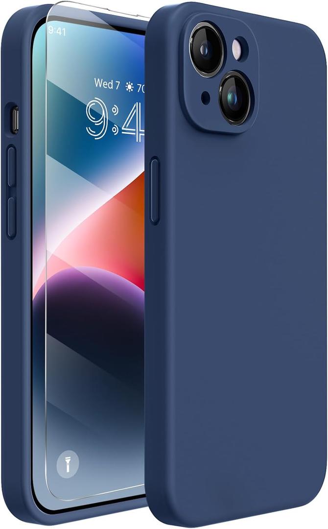 Miracase Designed for iPhone 14 Case with Screen Protector,[Upgraded Enhanced Camera Protection],Shockproof Liquid Silicone Case with Microfiber Lining, 6.1 inch,Dark Blue
