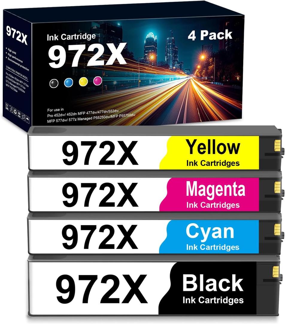 972X Ink Cartridges Replacement for HP 972X 972A 972 for PageWide Pro MFP 477dw 452dw 577dw 552dw 452dn 477d Printers (4-Pack, Black Cyan Yellow Magenta)