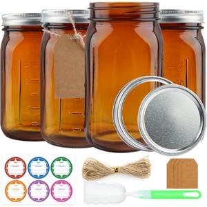 CARBLIN 4 Pack Mason Jars 32 oz, Amber Wide Mouth Canning Jars with Airtight Lids, Glass Pint Jars with Bands Labels Brush, Large Storage Quart Jars for Jam Fermenting Preserving