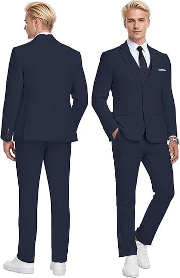 Wehilion Retro Linen Men Suit Beach Wedding Suit Summer Slim Fit 3 Pieces Light Weight Linen Suit Jacket Vest Pant Tuxedo
 (Medium, Navy)