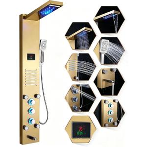 ELLO&ALLO LED Stainless Steel Bathroom Shower Panel Tower System, Rainfall Waterfall Shower Head Rain Massage System with Body Jets, Brushed Gold