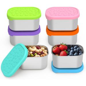 SOPHICO Stainless Steel Snack Containers for Kids, 8 oz Small Food Storage Container 1 Cup with Silicone Lid - Perfect 304 Metal Toddler Lunch Box for Daycare and School, Leak Proof (8oz, 6 Pack)