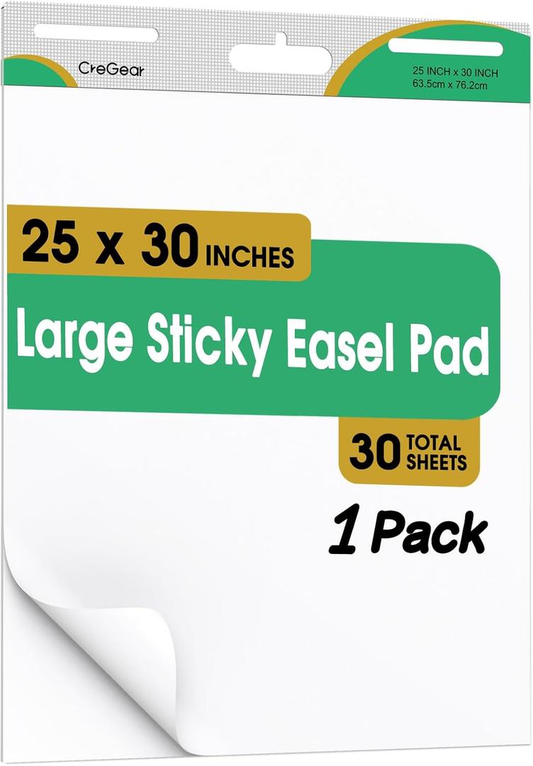 Sticky Easel Pad, 25 x 30 Inches, 1 Pack 30 Sheets/Pad, Large White Sticky Easel Paper for Office and Classrooms, Flip Chart Paper for Teachers