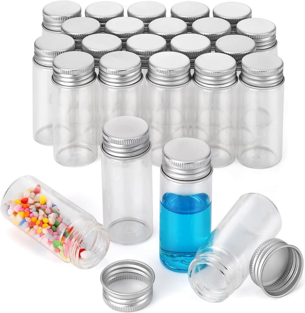 24Pcs 30ml/1oz Empty Tiny Jars Small Lab Sample Vials with Lids, Refillable Mini Glass Bottles with Silver Aluminum Screw Caps for DIY Crafts Essential Oils Storage Wedding Decoration