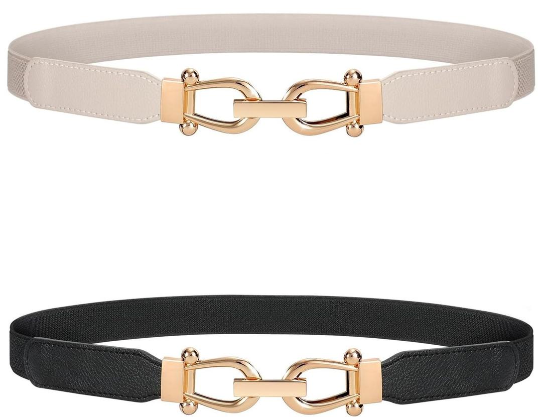 WERFORU Women Skinny Belt for Dresses Retro Stretch Waist Belt with Gold Buckle Set of 2
