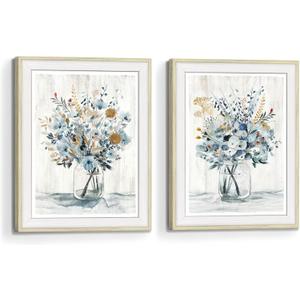 Framed Flower Wall Art Picture: Floral Print Watercolor Blossom Bouquet Wildflower Painting Vertical Botanical Artwork Decor for Living Room Bedroom Bathroom (8"x10"x2Pcs)