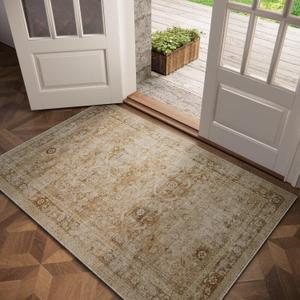 Washable 3x5 Entryway Rug, Boho Non-Slip Vintage Distress Small Rugs for Kitchen Nursery Office Bedroom, 0.3" Neutral Oriental Throw Thin Carpet with Cushioning Pad, Brown/Multi, C1