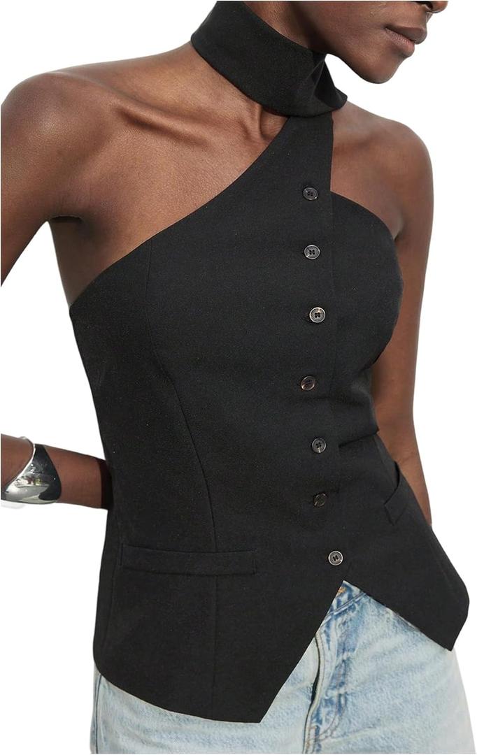 MakeMeChic Women's Backless Halter Tops Button Down Sleeveless Vest with Scarf (Large, Black)