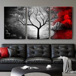 Dark Academia Canvas Art - Large Abstract Landscape, Red Cloud Tree, Perfect for Living Room or Home Office, 16x24 In