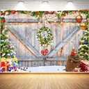 Christmas Photo Backdrop for Photography, Rustic Barn Wood Door Backdrops for Photoshoot, Xmas Tree Snow Red Gift Christmas Party Decorations 8x6ft